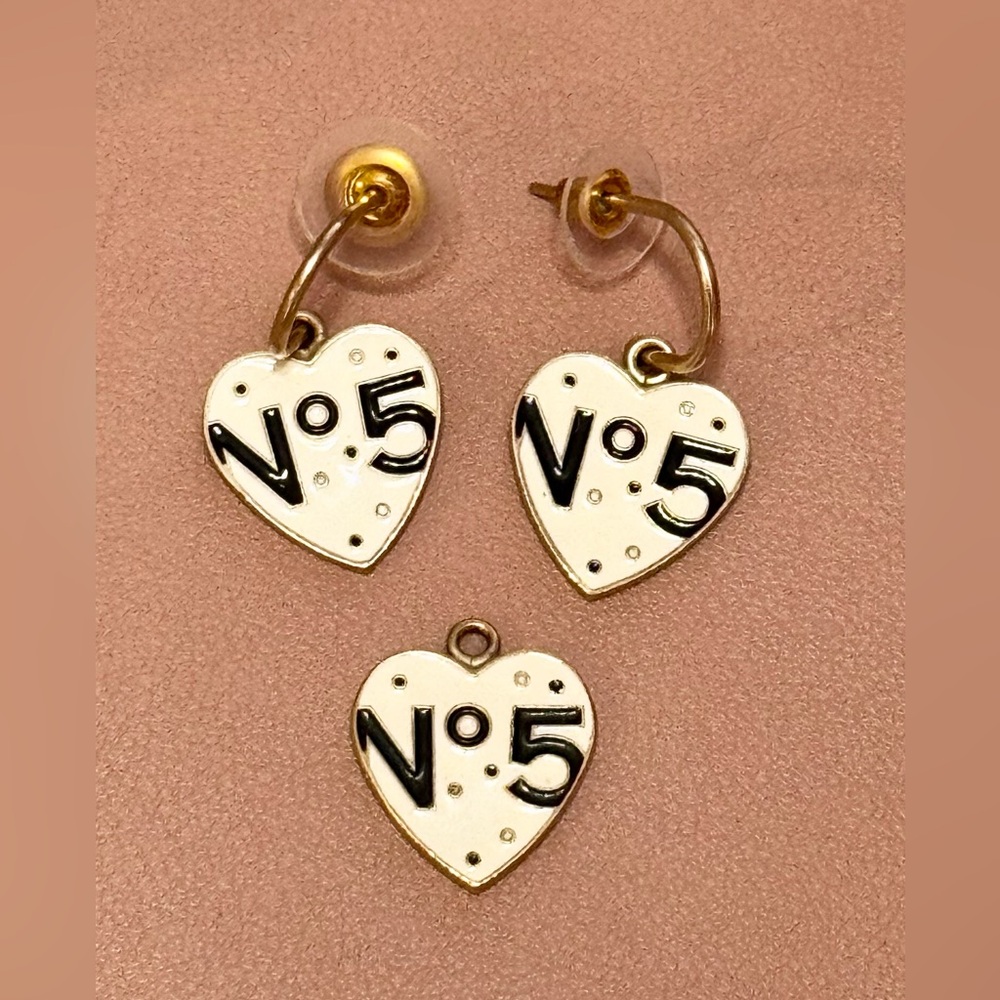 Vintage Chanel Gold Enameled Heart N5 Earrings